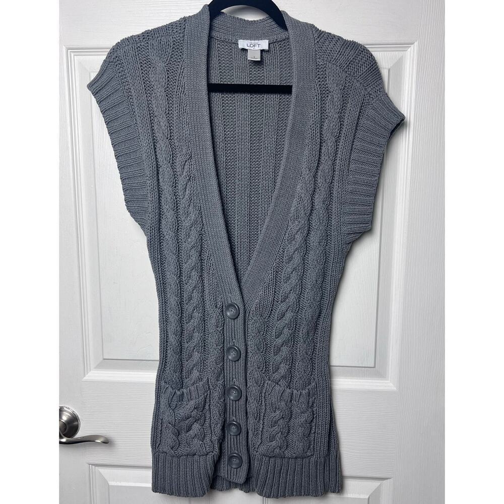 LOFT Sweater Cardigan Sleeveless Chunky Knit Gray Button Size Small